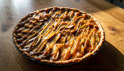 Golden caramel drizzling over a freshly baked cinnamon apple pie, adding a shiny finish.