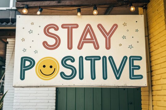 A positive message sign with colorful letters and a smiley face