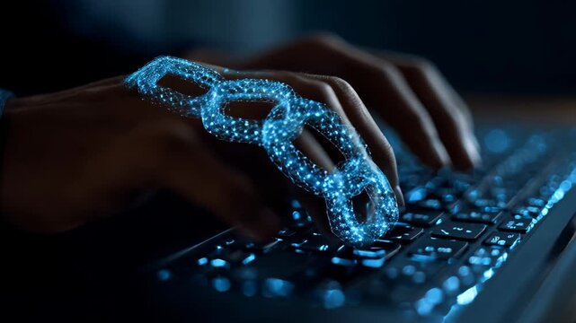 Closeup of hands typing on a laptop with blockchain encryption graphics highlighting the automation and security of decentralized transaction processes.