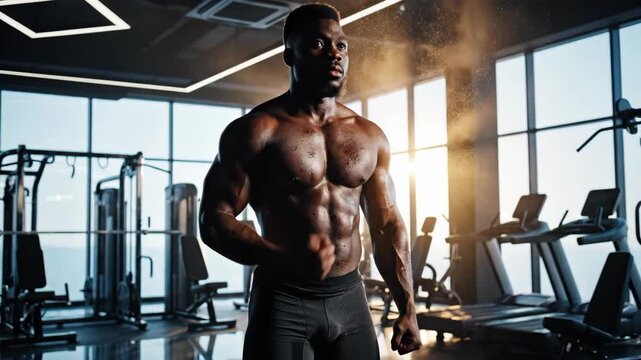 Determined African athlete with a powerful muscular torso standing in a modern gym. A shirtless bodybuilder showing strength and discipline backlit by sunlight