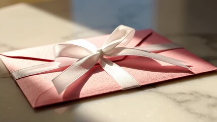 A beautiful soft pink envelope sealed with a pristine white bow, resting in gentle sunlight, symbolizing a heartfelt announcement, a romantic love letter, or a special gift