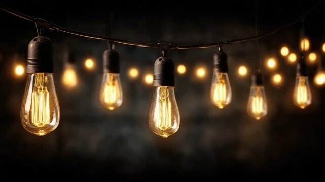 A string of glowing Edison-style bulbs hangs against a dark background, creating a warm ambiance