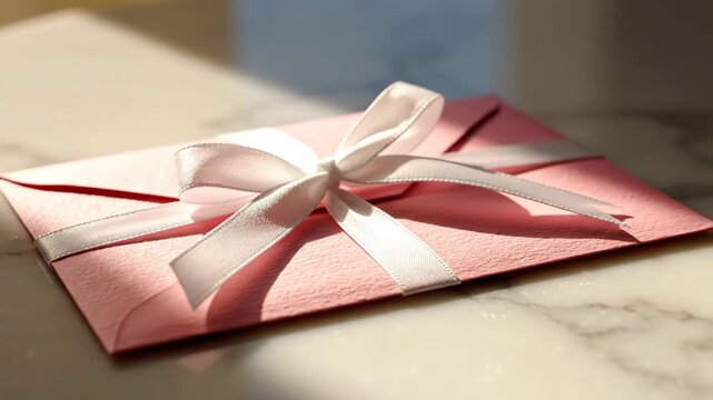 A beautiful soft pink envelope sealed with a pristine white bow, resting in gentle sunlight, symbolizing a heartfelt announcement, a romantic love letter, or a special gift