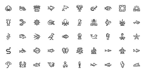 Sea life icon set. Marine vector illustrations. Featring dolphin, shark, whale octopus, turtle, fish, crb, seahorse, jellyfish, coal and more. Editable stroe.