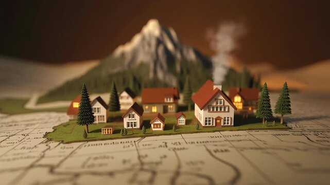 Low‑angle glide over miniature village diorama with timber houses, church spire, mountains and map texture, shallow depth of field