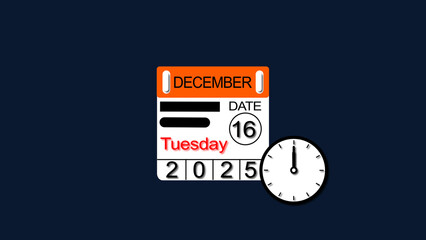December month Tuesday 16 date calendar illustration. 2025 calendar and creating a stunning illustration 4k illustration.