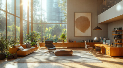 Modern sunlit living/work space with city views