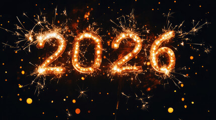 happy new year, new year's eve, silvester, new year, celebration greeting card, new year card - Year 2026 in sparkler font and firework fireworks pyrotechnic, isolated on black night sky background