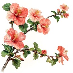 Detailed botanical illustration displays coral pink blossoms along woody branches with deep green foliage