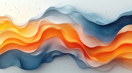 Abstract wavy layered graphic design, orange and blue,  background with textured confetti