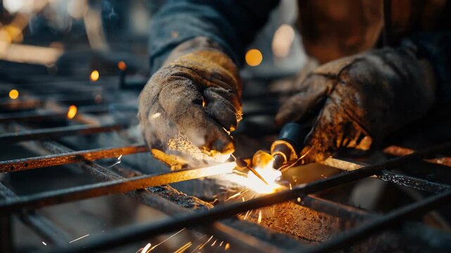 Closeup of skilled welder fusing metal joints on enclosure fence strengthening wildlife protection against unwanted intruders.