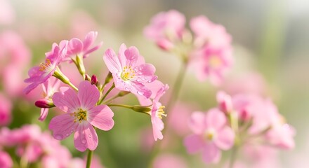 Obraz premium Delicate Pink Primula Flowers in Soft Focus - A Springtime Beauty.