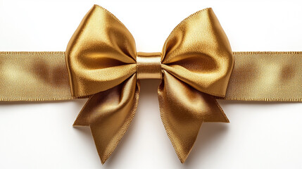 Golden satin ribbon bow on white background