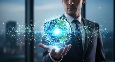 Businessman Holding Digital Globe - Technology and Global Business Concept.