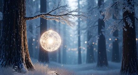 Mystical glowing sphere of light floating in an enchanted snowy winter forest at night with hoarfrost on the trees