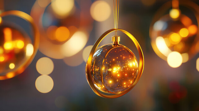 Festive spheres reflect blurred lights. Golden rings support glowing orbs, creating warm holiday ambiance. Soft focus, dreamy effect.