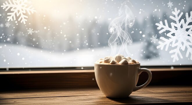 Cozy hot cocoa mug with marshmallows and steam on a wooden window sill overlooking a snowy winter forest landscape with falling snowflakes