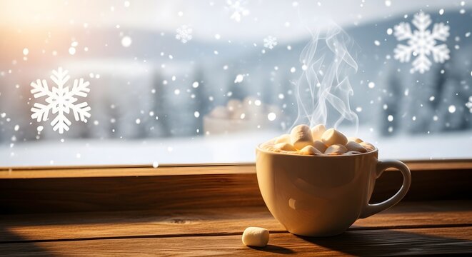 Cozy hot cocoa mug with marshmallows and steam on a wooden window sill overlooking a snowy winter forest landscape with falling snowflakes