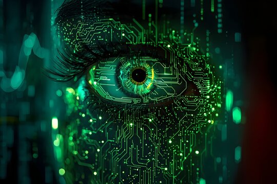 Cyberpunk iris close up with neon green data streams and circuits