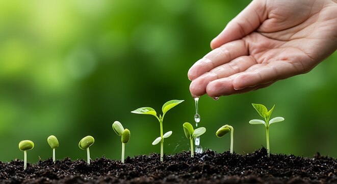 Hand watering young green sprouts growing in dark soil plant growth