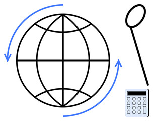 Globe with rotation arrows, magnifying glass, and calculator symbolizing analysis, research, economics, education, globalization, innovation, technology and progress in a simple flat metaphor