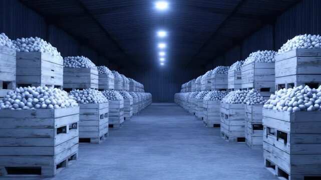 A warehouse interior reveals wooden crates overflowing with produce under cool, bright lighting