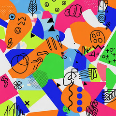 Maximalist modern abstract background collage geometric shapes hypercolor doodles