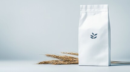 A white stand-up pouch with a simple dark blue leaf logo sits beside a few stalks of wheat on a light blue surface.