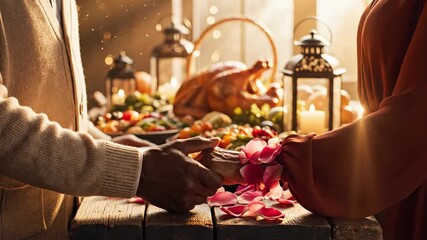 A tender close-up of a couple's hands during a romantic holiday celebration, sharing a festive dinner with a roasted turkey, illuminated by warm candlelight and a loving gift of rose petals - Powered by Adobe