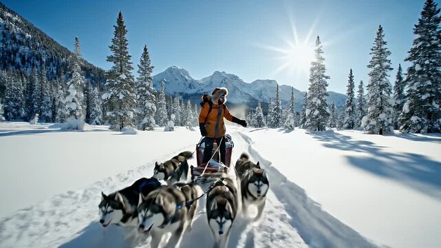 Man guiding husky dogsled through snowy mountain landscape