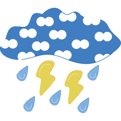 Blue Cloud with White Cumulus Shapes Raining Water Drops and Yellow Lightning Bolts on Transparent Background Illustrating a Stormy Weather Phenomenon