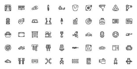 Car repair icon set. Vector automotive tools and pars collection. Includes carwash, air conditioning, hedlight, shock absorber, tubo, engine, battery, tire nd more.