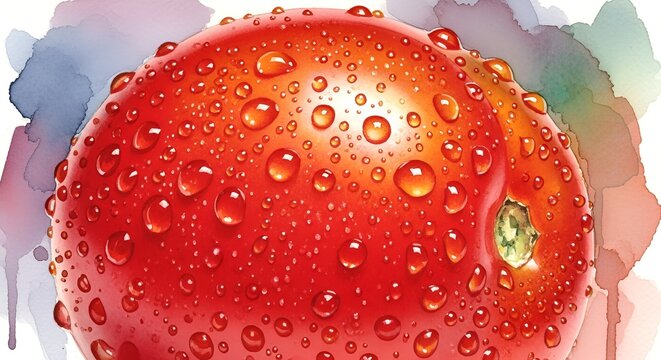 Vibrant red tomato glistens with water droplets in a watercolor illustration style