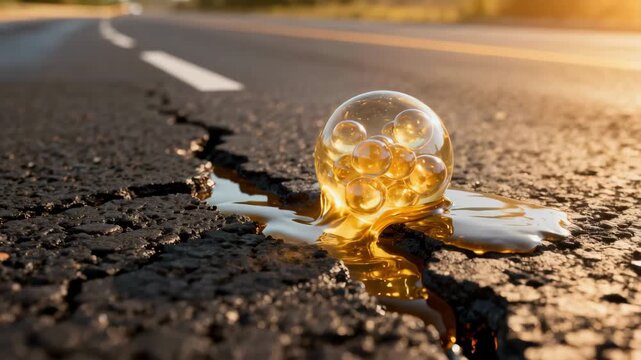 Medium shot of warm selfhealing asphalt capturing heat accelerating the microcapsule reaction to repair road fissures