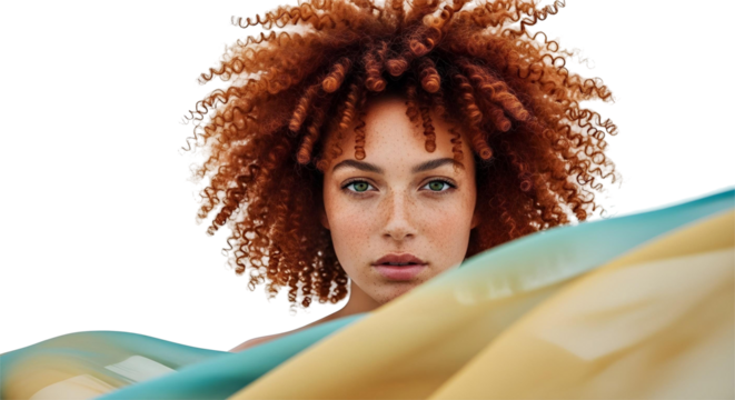 Close-up of the face of a red-haired woman with curly hair, a cloth billowing in the wind.