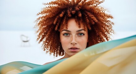 Close-up of the face of a red-haired woman with curly hair, a cloth billowing in the wind.