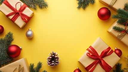 Festive gifts and ornaments on yellow background winter holiday scene