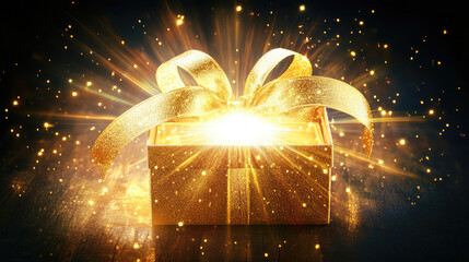 Opened magic gift box with golden ribbons glows with bright, radiant light beams from inside. Surprise idea, container for focus, secret gift, Black Friday Sale, Christmas or Birthday present