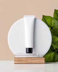 A white cosmetic tube with a black cap is displayed on a wooden stand, with a white circular board and green leaves in the background.