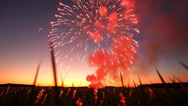 A stunning red firework illuminates the twilight sky over a golden field during a summer celebration. The beautiful display of pyrotechnics against the colorful sunset creates a festive mood