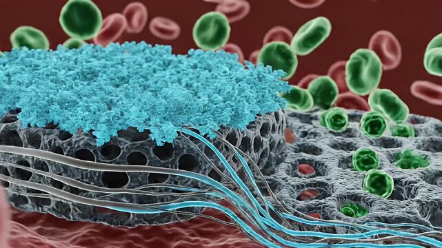 Microscopic view of biomaterial integrating with cells and blood cells