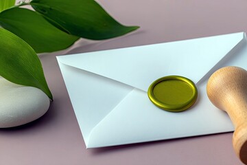 A white envelope is sealed with a green wax seal, accompanied by a wooden stamp, a smooth stone, and green leaves on a pink background.