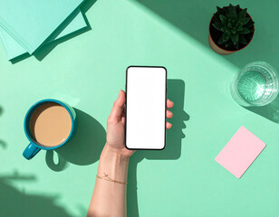 Top-down view of a person's hand holding a blank screen smartphone over a pastel green surface with a coffee cup and potted succulent