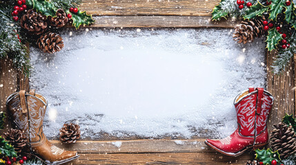 Framed western Christmas scene with blank space in the center bordered by rustic wood and decorated with holly, pinecones, and cowboy boots against a snowy backdrop