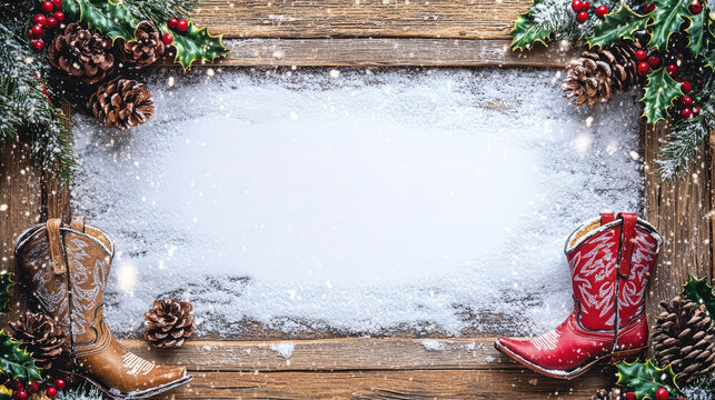 Framed western Christmas scene with blank space in the center bordered by rustic wood and decorated with holly, pinecones, and cowboy boots against a snowy backdrop