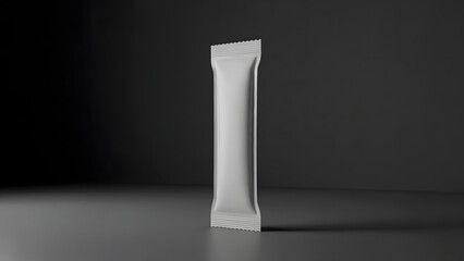 3D render of white stick sachet, blank packaging mockup, vertical packet, dark studio background, minimalist branding template, for coffee, sugar.
