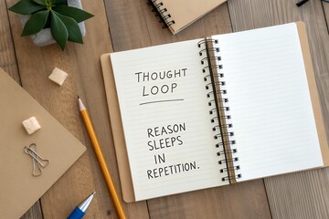 Open spiral notebook with Thought Loop Reason Sleeps In Repetition message on wooden desk