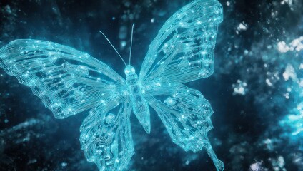 Glowing Blue Butterfly Made of Light Particles in Dark Forest.
