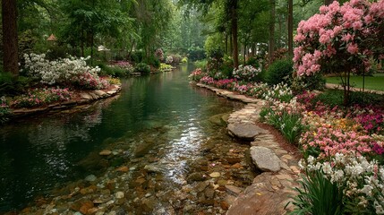 Obraz premium River flows through a lush green forest with vibrant flowers and clear water.