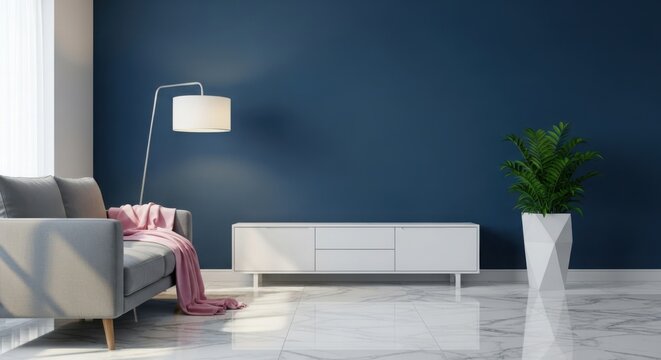 Modern living room with sleek air conditioner unit cozy couch and minimalist lamp